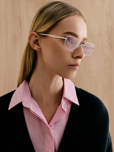 Celestia Metal-Rim Rectangular Clear Sunglasses, Silver, hi-res