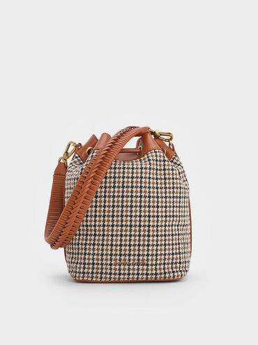 Checkered Drawstring Bucket Bag, Cognac, hi-res