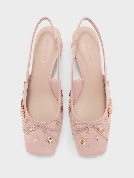 Sadira Satin Embroidered Sequinned Slingback Pumps, Light Pink, hi-res