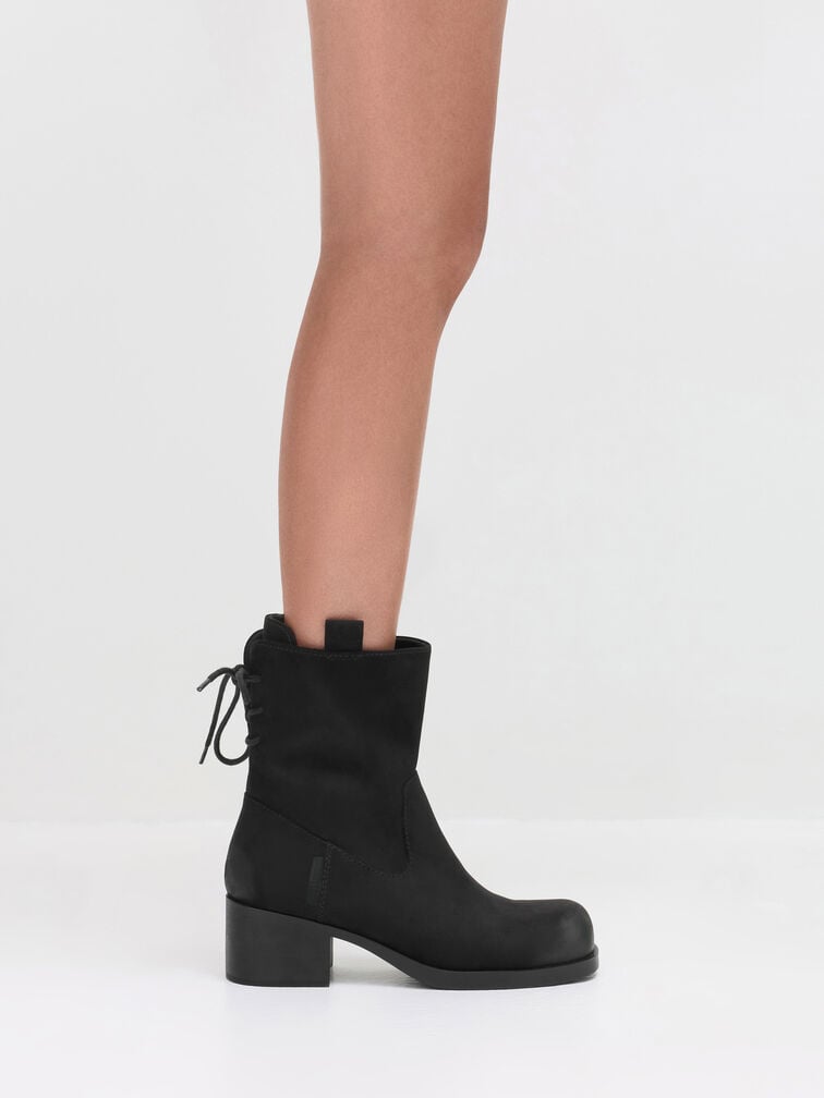 Rosamond Faux Suede Back-Lace Calf Boots, Black Textured, hi-res