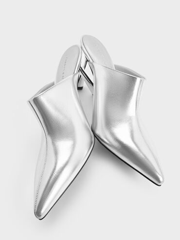 Metallic High-Vamp Pointed-Toe Heeled Mules, Silver, hi-res