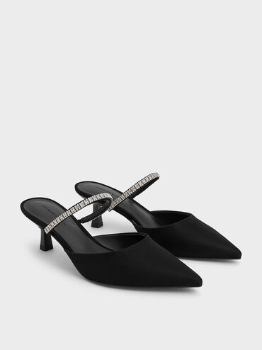 Ambrosia Textured Gem-Embellished Pointed-Toe Mules, Black Textured, hi-res