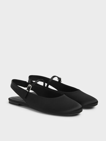 Imani Satin Slingback Flats, Black Textured, hi-res
