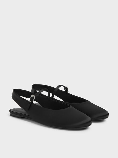Imani Satin Slingback Flats, Black Textured, hi-res
