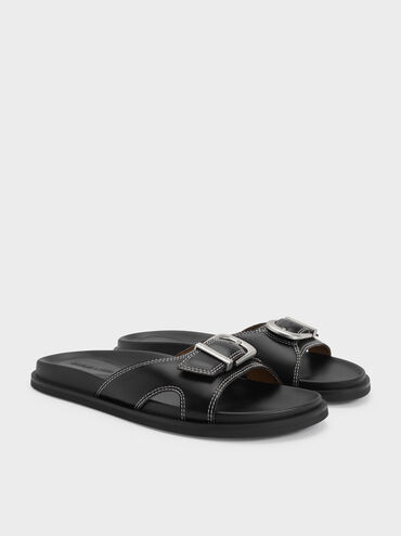 Stitch-Trim Buckled Slides, Black, hi-res