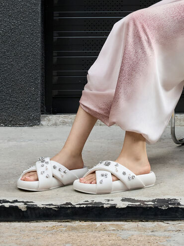 Gem & Pearl Flatform Sandals, White, hi-res