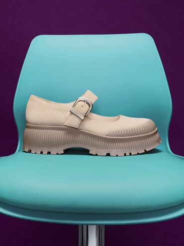 Darra Faux Suede Ridged-Sole Platform Mary Janes, Beige, hi-res