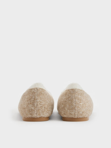 Two-Tone Knitted Bow Ballet Flats, Beige, hi-res