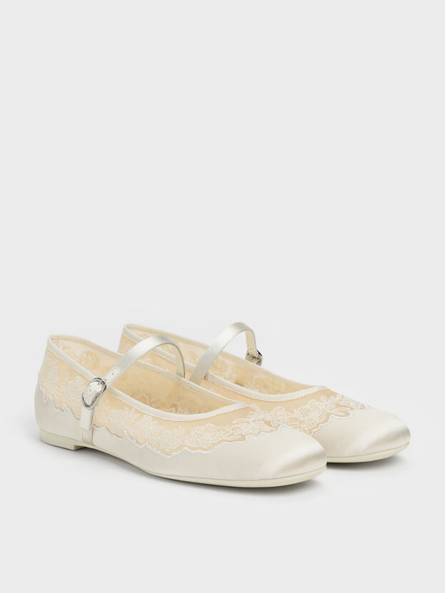 Satin Embroidered-Mesh Mary Jane Flats, White, hi-res