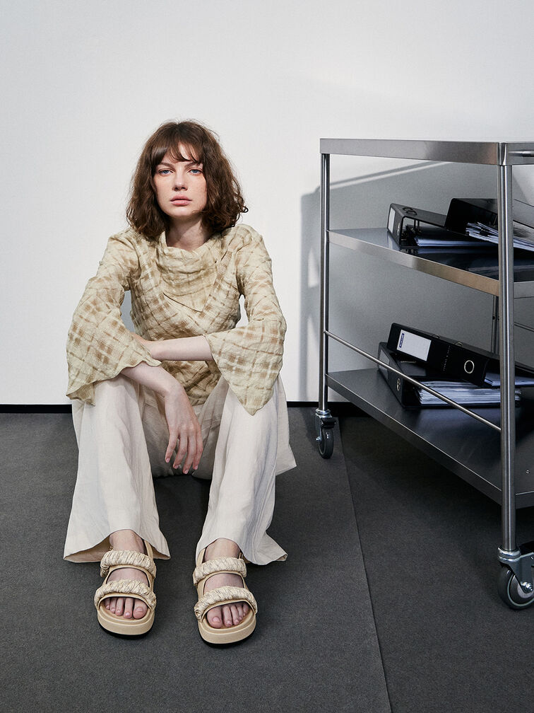 Tully Leather Ruched-Strap Sandals, Chalk, hi-res