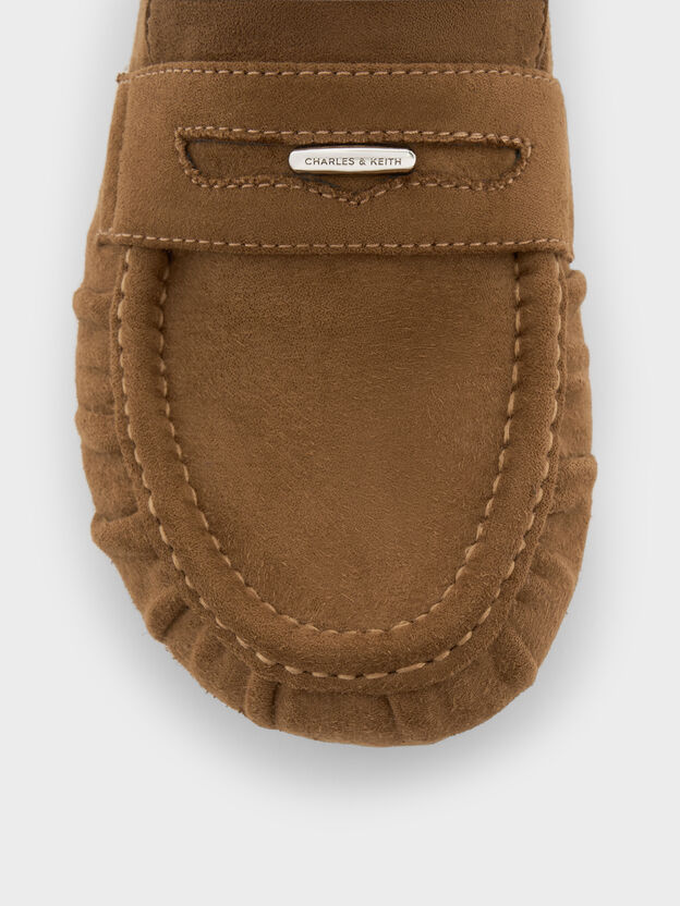 Faux Suede Ruched Penny Loafers, Cognac, hi-res