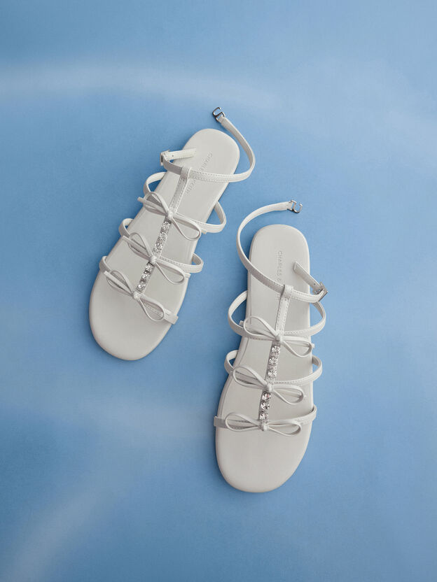 Gem-Embellished Bow T-Bar Sandals, White, hi-res