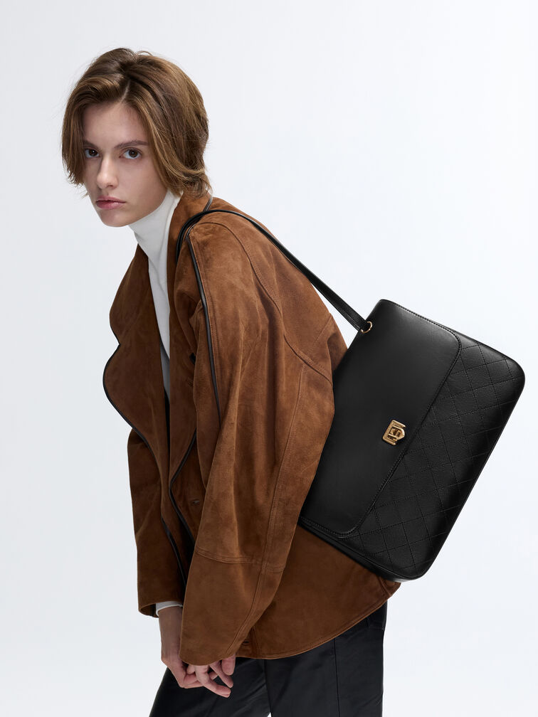 Connie Quilted Shoulder Bag, Black, hi-res