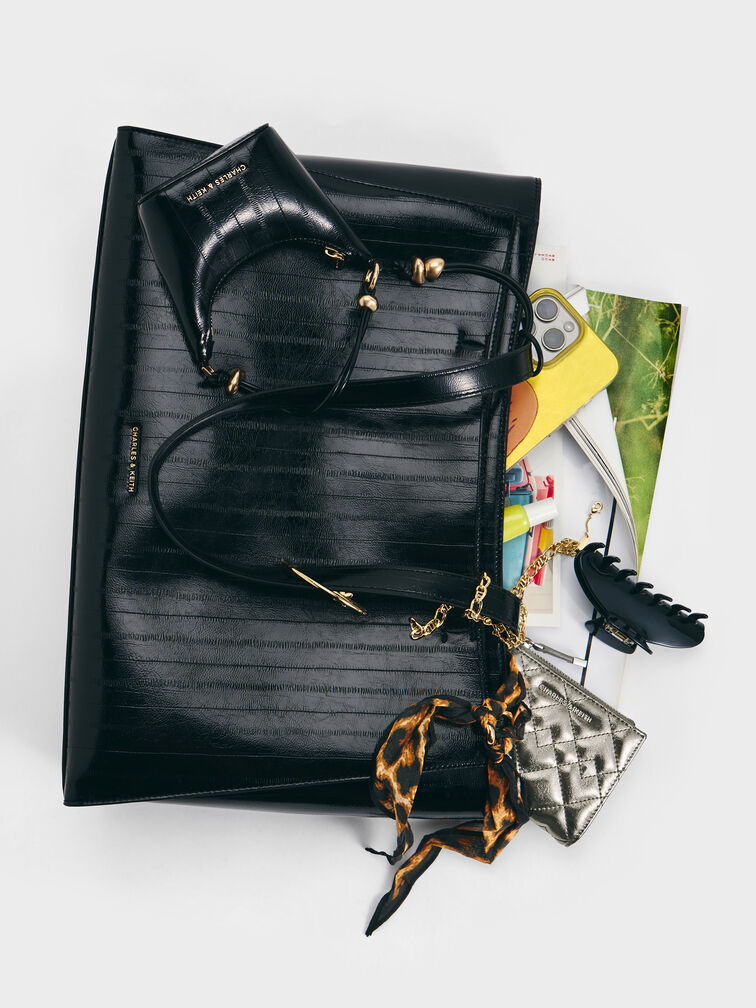 Augustine Eel-Effect Sculptural-Detail Tote Bag, Black, hi-res