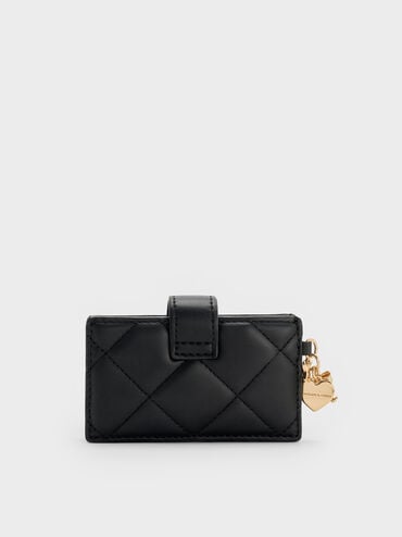 Arrietty Quilted Bow-Heart Charm Belted Card Holder, Black, hi-res