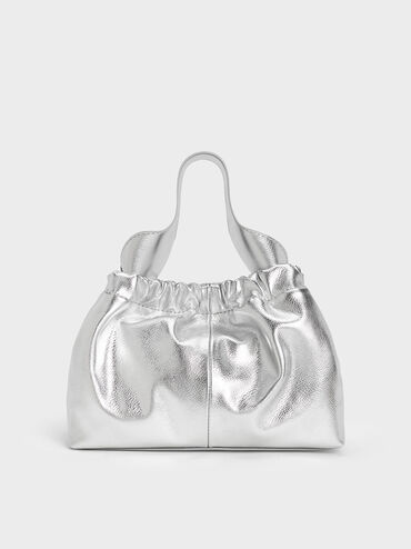 Ally Ruched Slouchy Chain-Handle Bag, Silver, hi-res