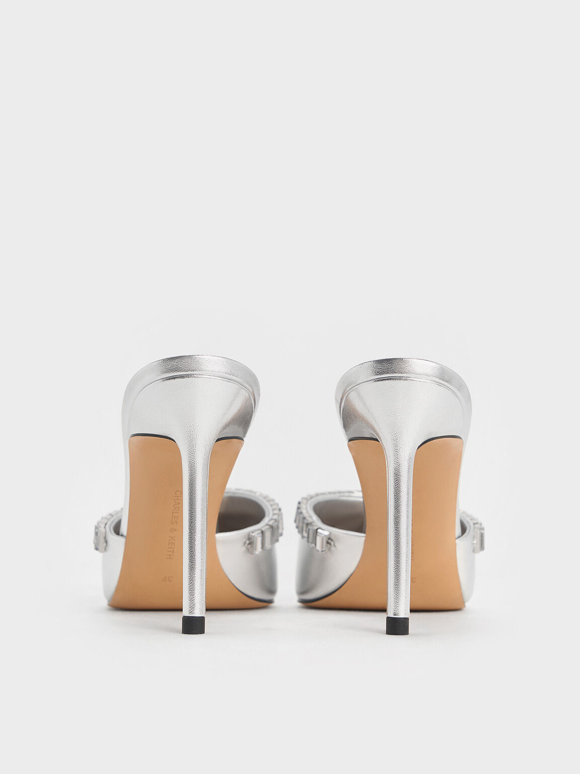 Silver Metallic Crystal-Embellished Pointed-Toe Heeled Mules