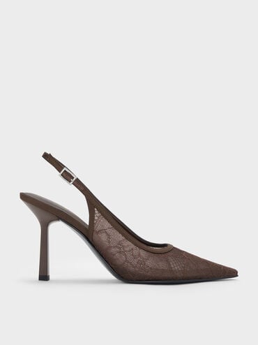Lace & Satin Slingback Pumps, Dark Brown Textured, hi-res