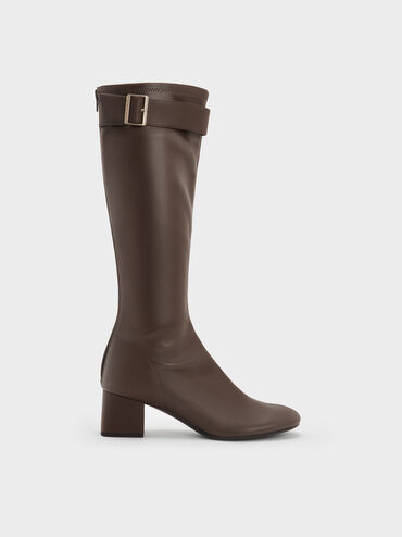 Gerry Buckled Block-Heel Knee-High Boots, Dark Brown, hi-res
