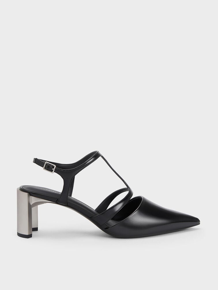 Curved Heel T-Strap Pumps, Black Box, hi-res
