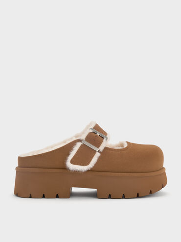 Bergen Textured Fur-Trim Buckled Platform Mules, Brown, hi-res