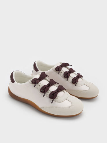 Satin Textured Contrast-Panel Triple-Bow Sneakers, Chalk, hi-res