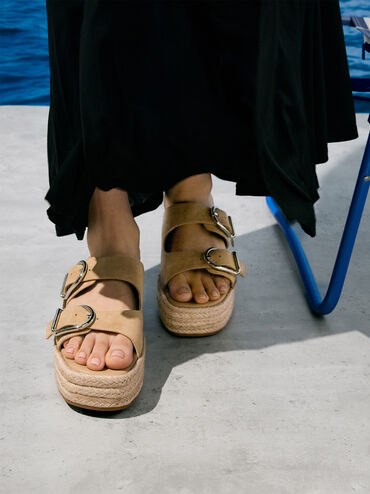 Faux Suede Double-Strap Espadrille Flatform Sandals, Sand, hi-res