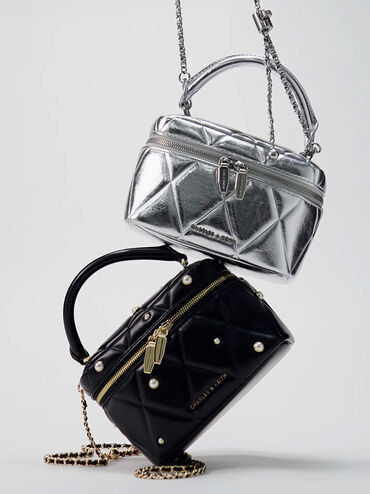 Arwen Quilted Pearl-Embellished Top Handle Vanity Bag, Black, hi-res