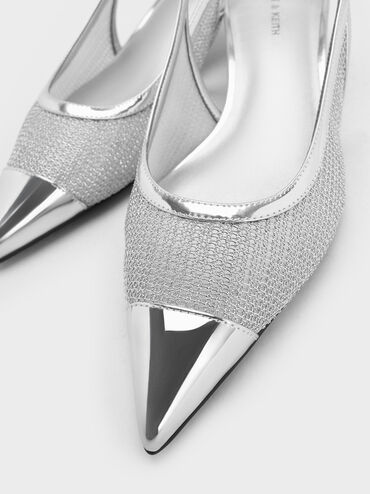 Mesh Metallic Cap-Toe Kitten-Heel Pumps, Silver, hi-res