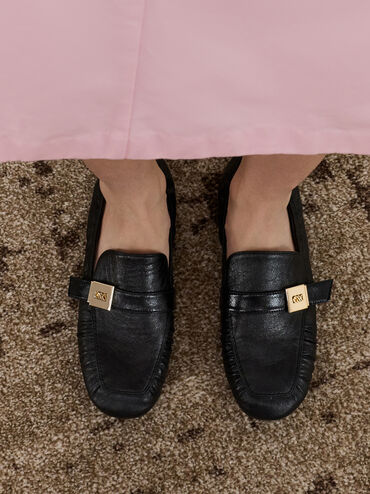 Cody Leather Metallic-Buckle Ruched Loafers, Black, hi-res