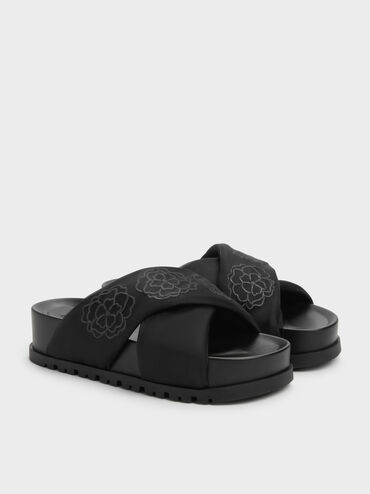 Satin Embroidered-Flower Crossover Sandals, Black Textured, hi-res