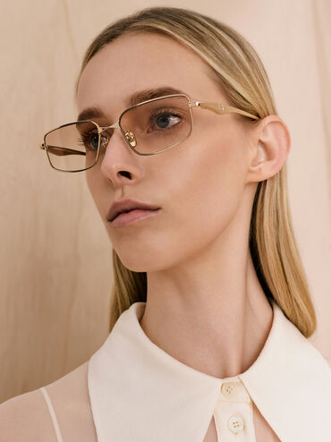 Celestia Metal-Rim Tinted Rectangular Sunglasses, Light Gold, hi-res