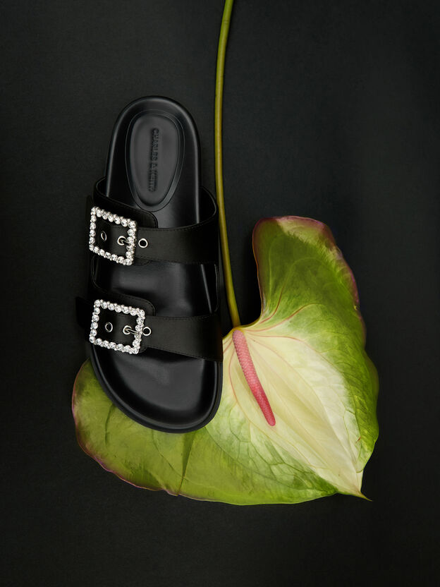 Gem-Buckle Double-Strap Sandals, Black Textured, hi-res