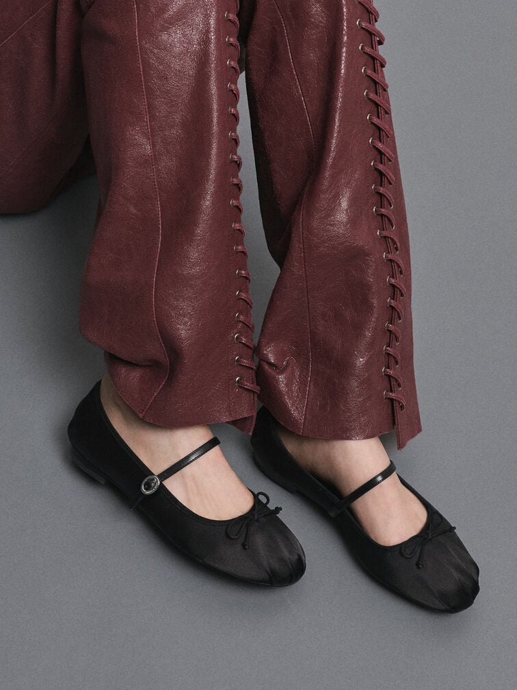 Emiko Satin Bow Mary Jane Flats, Black, hi-res