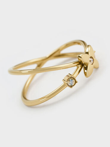 Felicity Flower-Motif Crystal Crossover Ring, Gold, hi-res