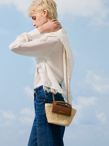 Shalia Raffia Chain-Strap Crossbody Bag, Natural Raffia, hi-res