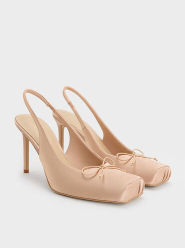 Satin Ruched Stiletto Slingback Pumps, Nude, hi-res