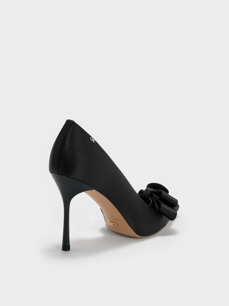 Pleated-Bow Pointed D'Orsay Pumps, Black Textured, hi-res