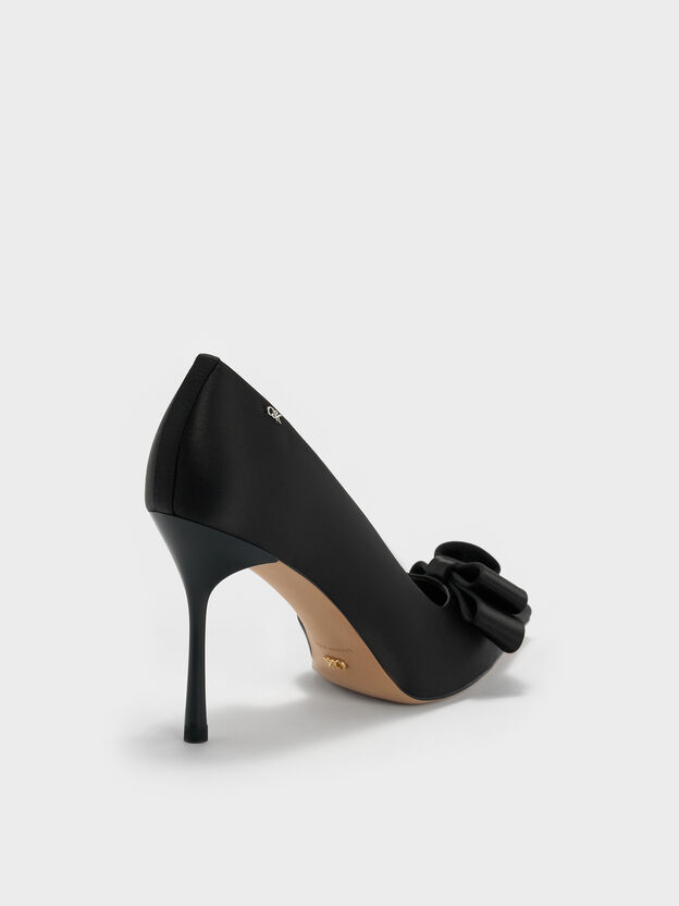 Pleated-Bow Pointed D'Orsay Pumps, Black Textured, hi-res