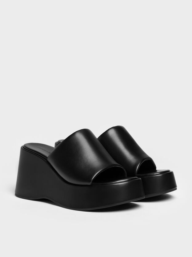 Wide-Strap Platform Wedges, Black, hi-res