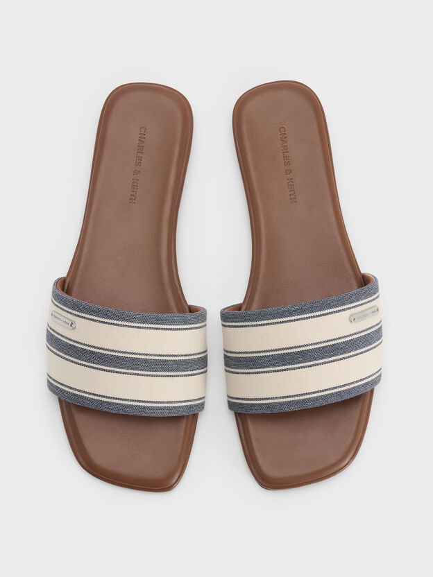 Striped Square-Toe Slide Sandals, Dark Blue, hi-res