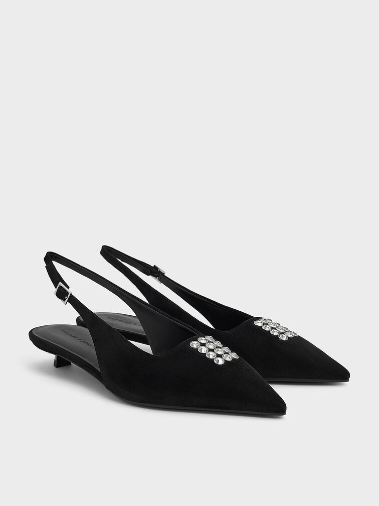 Faux Suede Crystal-Embellished Slingback Pumps, Black Textured, hi-res