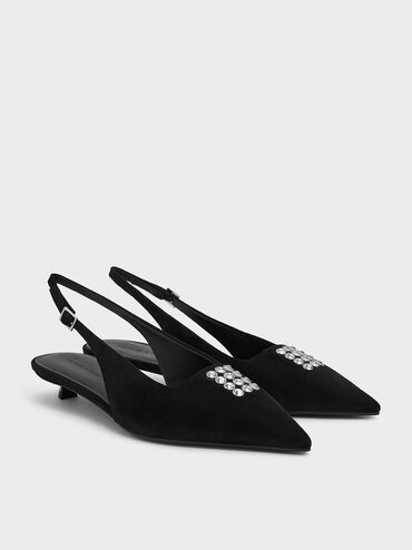 Faux Suede Crystal-Embellished Slingback Pumps, Black Textured, hi-res