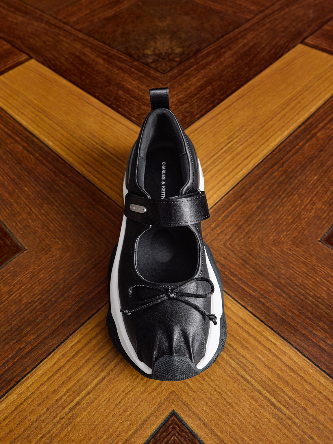 Black Textured Satin Bow Two-Tone Mary Jane Sneakers - CHARLES