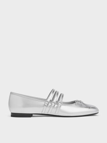 Metallic Triple-Strap Mary Janes, Silver, hi-res