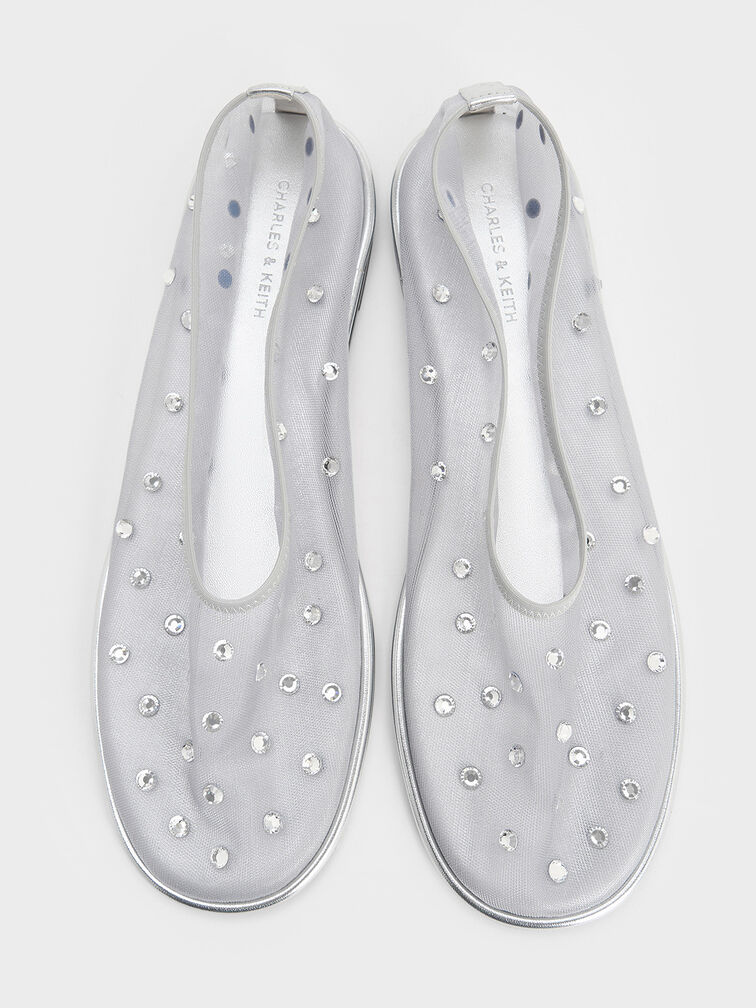 Mesh Gem-Embellished Ballet Flats, Silver, hi-res