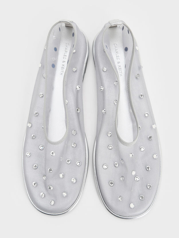 Mesh Gem-Embellished Ballet Flats, Silver, hi-res