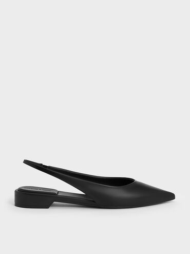 Pointed-Toe High-Vamp Slingback Flats, Black, hi-res