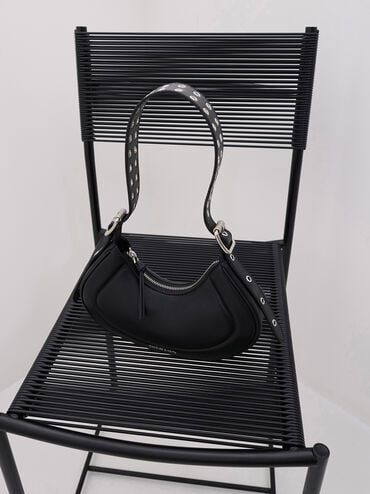 Petra Grommet-Strap Curved Shoulder Bag, Noir, hi-res