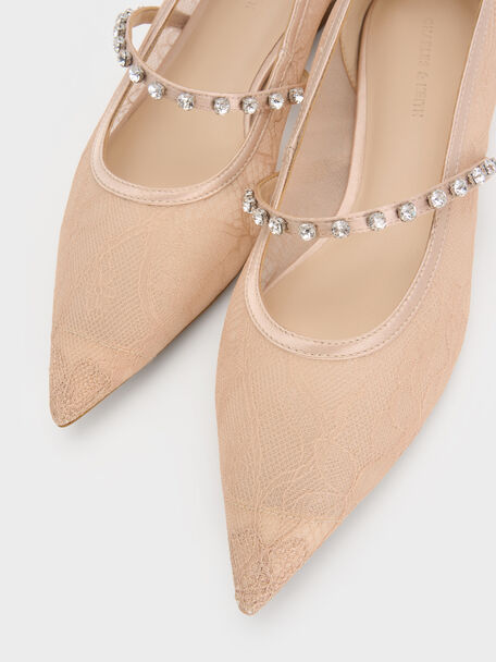 Lace & Satin Crystal Mary Jane Flats, Nude, hi-res